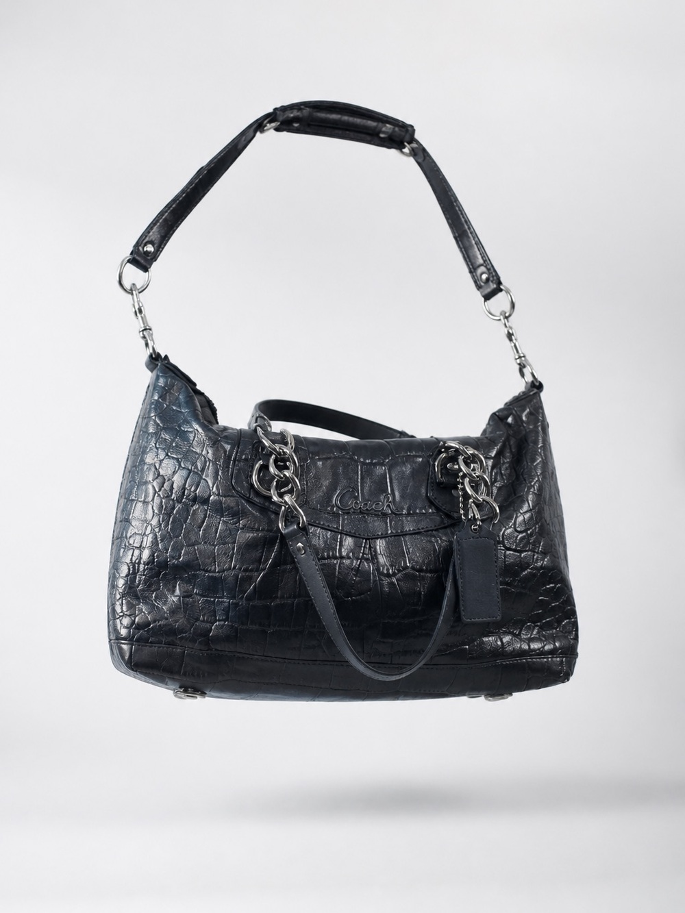 Y2K Coach Black Croc-Embossed Leather Shoulder Bag w/Chain Accents NL1126-F17660 - Picture 2 of 16